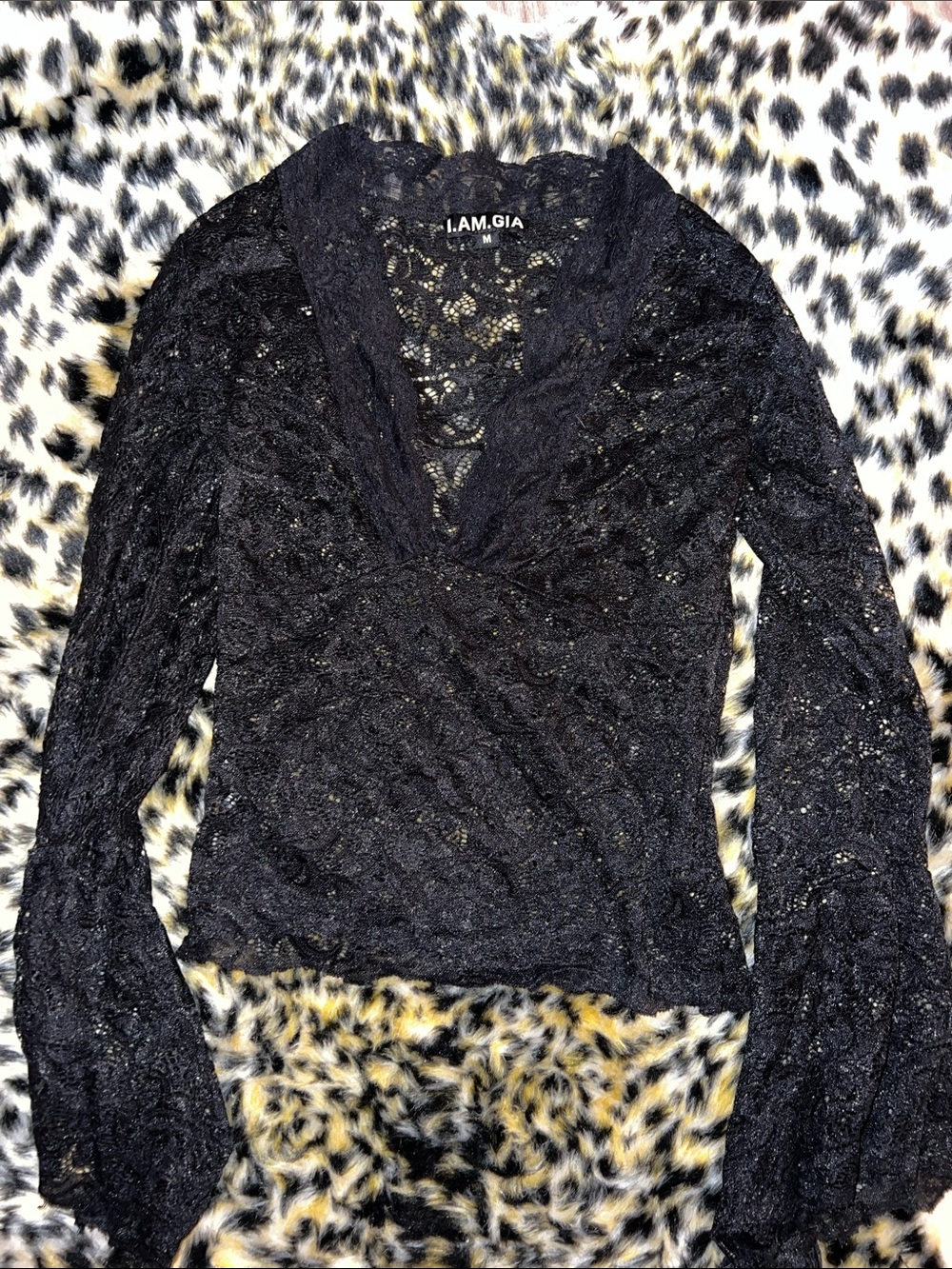 I.AM.GIA Black Sheer Lace Wrap-Style Long Sleeve Top